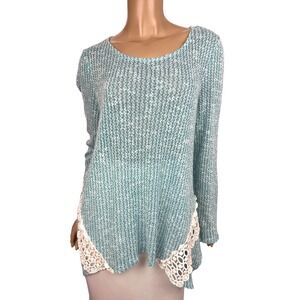 New Directions Weekend XL Pullover Knit Top Blue & White Long Sleeve Asymmetric
